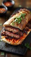 A sandwich with meat and vegetables on a board photo
