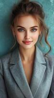 Stunning Portrait of a Beautiful Woman. A captivating image showcasing elegance, style and natural beauty. The model's radiant smile and expressive eyes create a memorable and sophisticated look. photo
