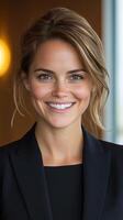 A woman in a black suit and blazer smiling photo