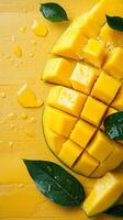 A yellow table with a mango cut into pieces photo