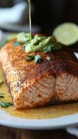 Savor the Exquisite Pan Seared Salmon with Zesty Avocado Crema. This recipe elevates a classic dish with vibrant flavors and stunning presentation, perfect for a memorable dinner. photo