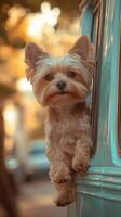 Adorable Yorkshire Terrier Puppy Peeking Out of a Vintage Car Window A Captivating Pet Portrait photo