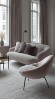 Cozy and Elegant Living Room Interior Design Modern Apartment Decor with Plush Sofa and Armchair. Neutral Colors, Soft Textures, and a Relaxing Atmosphere. Scandinavian Minimalist Style. photo
