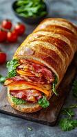 A sandwich on a wooden board photo