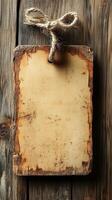 Old wooden sign with rope on a wooden background photo