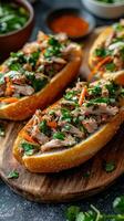 Three sandwiches with meat and vegetables on a cutting board photo