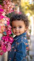 A little girl is standing in front of pink flowers photo