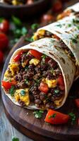 A burrito with meat and vegetables on a cutting board photo