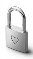 A captivating of a chrome padlock, subtly adorned with an engraved heart, symbolizing love, security, and the precious bonds of r photo