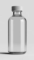 A captivating image showcasing a pristine, empty glass bottle with a sleek, cylindrical design and a clear, transparent body, perf photo