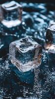 of a single ice cube in a glass of water, showcasing the intricate details of its crystalline structure. The image is a captivatin photo