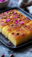 Aromatic Semolina Basbousa Cake A symphony of flavors and textures. This delectable dessert features a moist semolina cake, adorne photo