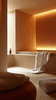 Serene Spa Bathroom Minimalist Architecture, Warm Lighting, and Luxurious Design. A sanctuary of peace and tranquility, this moder photo