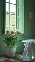 Serene Bathroom Oasis A Tranquil Escape with Lush Greenery and Soft Light. Discover the perfect blend of classic elegance and mode photo