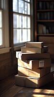 Sunlit Cardboard Boxes Stacked on Wooden Floor near Bookshelf, Home Interior Still Life Photography. Peaceful and Serene Atmospher photo