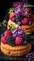 A delectable shot showcasing exquisite mini cakes adorned with a medley of fresh raspberries, blackberries, blueberries, and deli photo