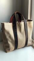 Beige Canvas Tote Bag with Brown Leather Handles A Stylish and Durable Everyday Carry all. Perfect for Work, Travel, or Casual Use photo