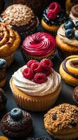 A delightful assortment of assorted cupcakes, each a miniature masterpiece of flavor and artistry. The vibrant colors and texture photo