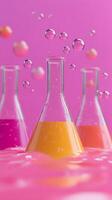 view of colorful liquids in glass flasks, creating a vibrant and dynamic scene. The image is perfect for science, chemistry, and l photo