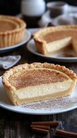 A delectable slice of creamy custard tart, generously sprinkled with cinnamon. This baked dessert is the perfect sweet treat, offe photo