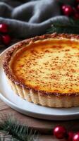 A delectable homemade custard tart, perfect for the holiday season. This creamy, spiced dessert is baked to golden perfection and photo