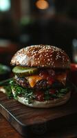 Mouthwatering of a Juicy Beef Burger with Sesame Bun, Melted Cheese, Pickles, and Fresh Lettuce. A Culinary Delight Captured in S photo