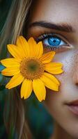 Portrait of a Young Woman with Blue Eyes and a Sunflower A Stunning Image Showcasing Natural Beauty, Summer Vibes, and the Radia photo