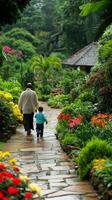 A father and son stroll along a lush garden path, surrounded by vibrant flowers and tropical plants. This idyllic scene captures a photo
