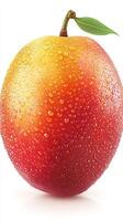 A captivating photograph of a single ripe plum, adorned with glistening water droplets, set against a stark white background. The photo