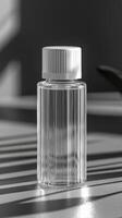 Elegant and Minimalist Transparent Glass Bottle Product Mockup. A high quality studio shot showcasing a clear, cylindrical bottle photo