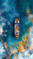 A captivating aerial shot of an old shipwreck resting on the ocean floor, surrounded by swirling turquoise waters and golden hued photo