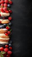 A delectable vertical composition showcasing an assortment of exquisite pastries and an array of vibrant summer berries, artfully photo