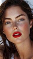 portrait of a young woman with freckles and red lipstick. Her beauty is highlighted by the soft lighting and the focus on her expr photo