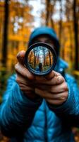 Autumnal Forest Photography A Captivating Lens Reflection of Golden Trees and Serene Scenery. An Immersive Journey into Natures Em photo