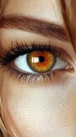 Captivating of a Female Eye Golden Brown Iris, Long Eyelashes, and Detailed Skin Texture. A Stunning Macro Portrait Showcasing th photo