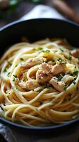 Aromatic Chicken Spaghetti A Culinary Delight. This image showcases a delectable dish of spaghetti tossed with succulent chicken p photo