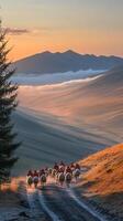 Majestic Sunrise Landscape Shepherds Guide their Flock Through a Misty Mountain Valley. Breathtaking scenery of golden hour light photo