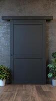 Sophisticated Dark Sliding Door Interior Design Modern Home Entrance with Minimalist Style and Elegant Architecture. Dark Grey Wal photo