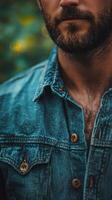 of a Mans Bearded Face and Denim Jacket A Study in Texture and Masculine Style. The image showcases the details of a mans beard, c photo