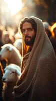 A Shepherds Gaze A Captivating Portrait of a Man Cloaked in Humble Garments, Evoking a Sense of Spirituality and Faith. The Golden photo