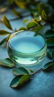 Serene Still Life A Glass of Refreshing Water with Lush Green Leaves, Evoking a Sense of Calmness and Tranquility. Perfect for Wel photo
