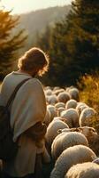Shepherd Leading his Flock at Sunset A Peaceful and Spiritual Scene of Nature, Faith, and Tranquility. The golden hour light casts photo