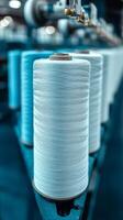 Detailed of Light Blue Thread Spools in a Textile Factory A Glimpse into the Industrial Manufacturing Process of Fine Yarns and F photo