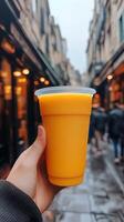 A vibrant orange smoothie enjoyed on a Parisian street. This refreshing drink is the perfect way to experience the citys energy an photo