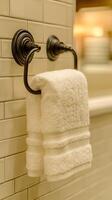 Experience the epitome of luxury and comfort with this pristine white towel hanging elegantly on a sleek towel rack, set against a photo