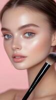 portrait of a beautiful young woman with flawless makeup, showcasing her glowing skin, soft features, and elegant style. The image photo