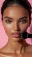 portrait of a radiant woman with flawless makeup, showcasing her glowing skin and healthy complexion. The image highlights the bea photo
