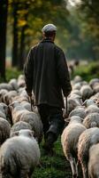 A lone shepherd guides his flock of sheep through an idyllic autumn countryside. The serene landscape, bathed in the golden hour l photo