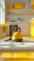 A vibrant yellow vacuum cleaner sits on a plush carpet in a sunlit modern kitchen, embodying domestic tranquility and efficient ho photo