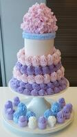 A Stunning Pastel Colored Tiered Cake Decorated with Delicate Hydrangeas and Mini Cupcakes. Perfect for Weddings, Birthdays, or An photo